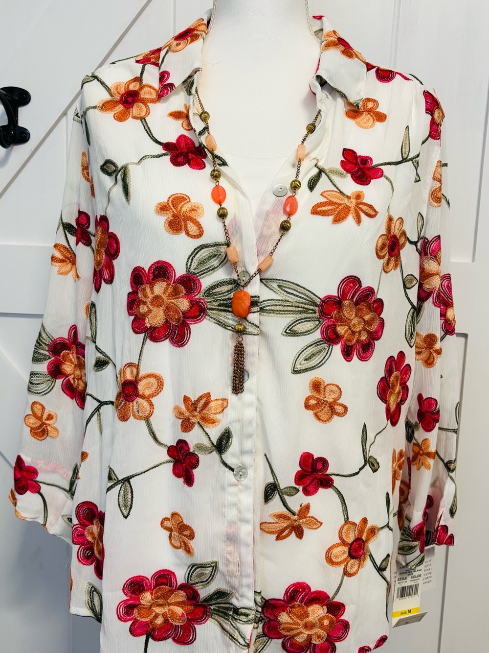 Alfred Dunner White Button-Down Shirt with Red & Orange Floral Embroidery